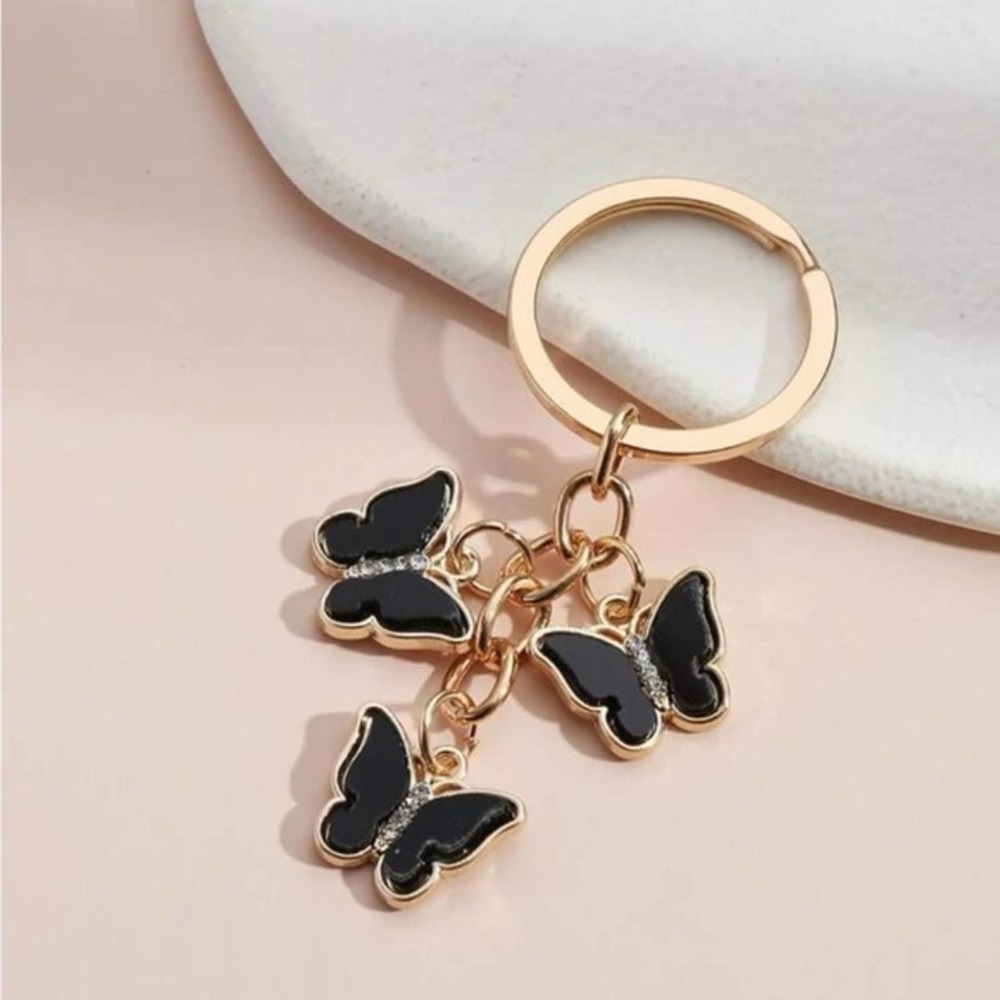 Black Butterflies Keyring Gold Rhinestone Triple Crystal Butterfly Keychain NEW - Picture 5 of 5